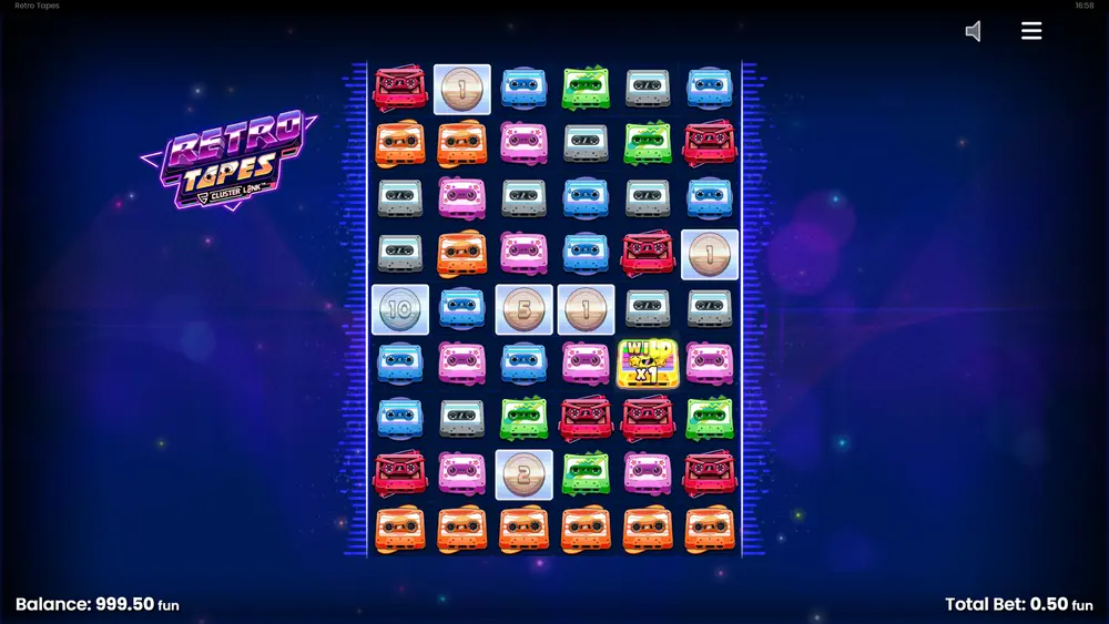 Retro Tapes base game with a full 9×6 grid of colorful cassette symbols
