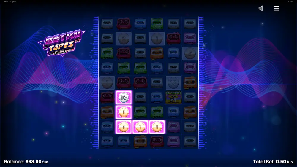 Wild Tape symbol showing a 3x multiplier inside an active cluster in Retro Tapes